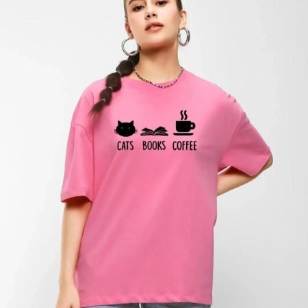 Cats Books Coffee Pink T-Shirt