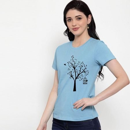 Women Tree Printed Sky Blue T-Shirt