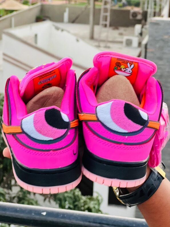 Powerpuff Girls Blossom edition Nike SB Dunk Low shoes.